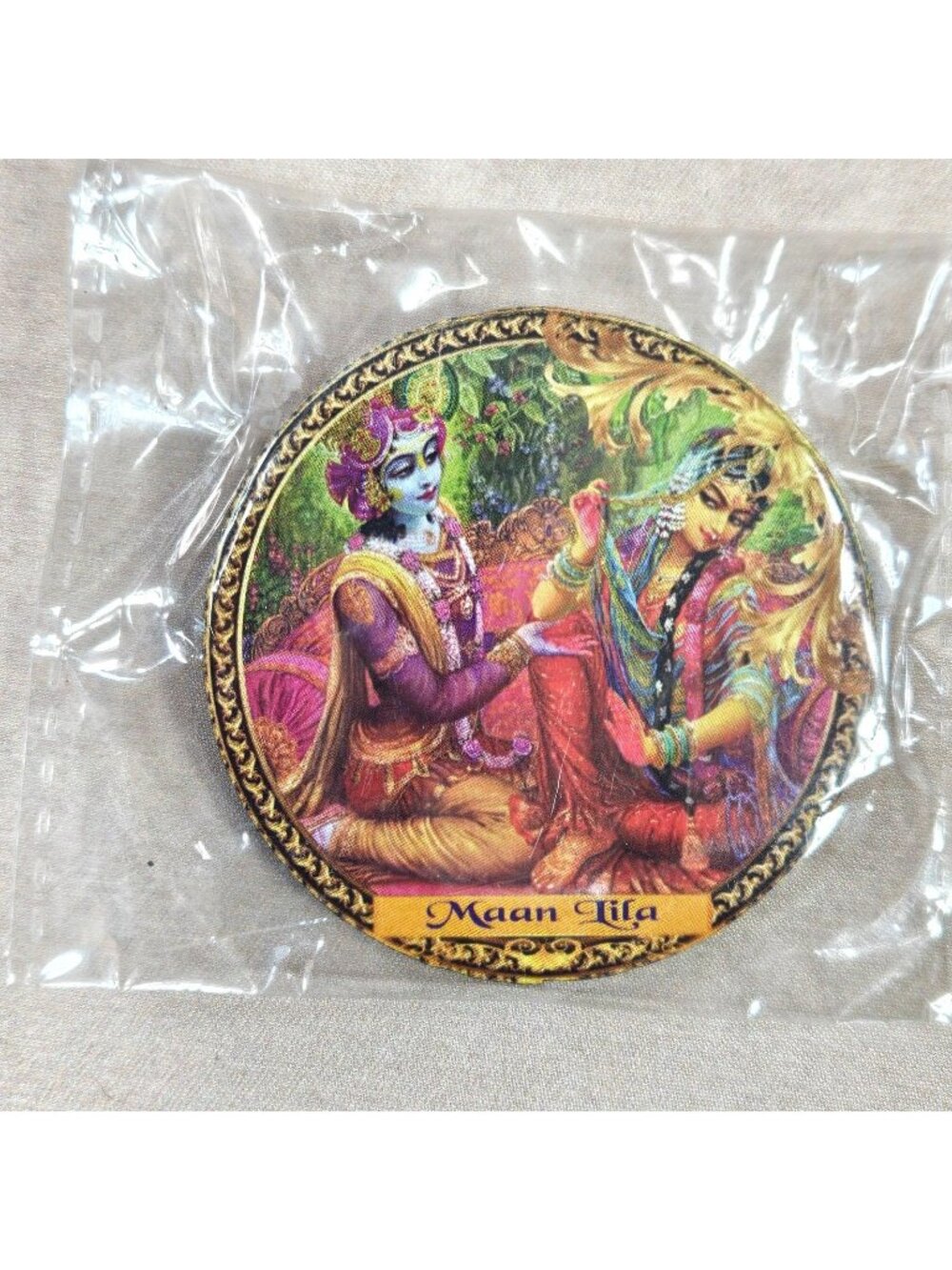 Radha Krishna Maan Lila Round Devotional Button Pin Hindu Spiritual Decor Art